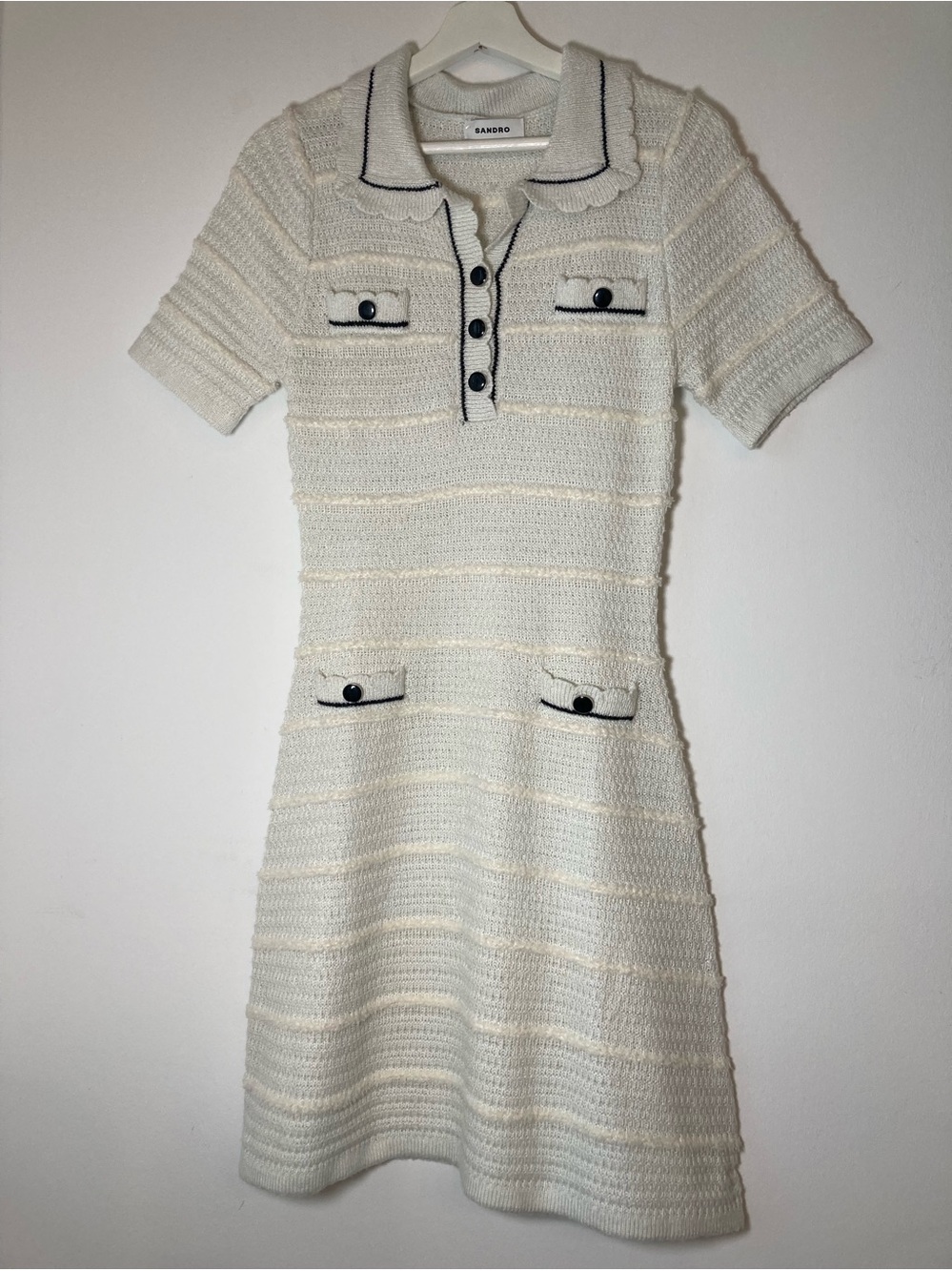 Sandro Paris White Knit Polo Dress Size S 100% Cotton Short Sleeve Contrast Trim